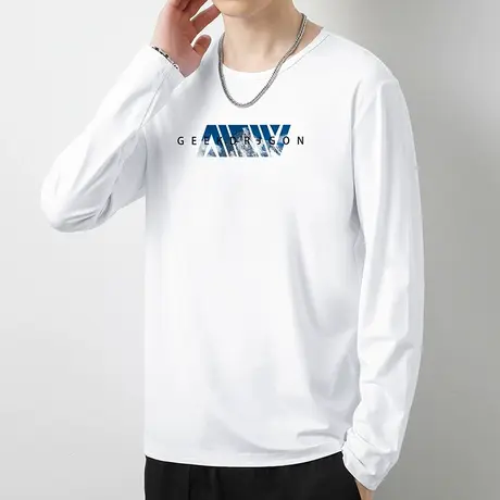 莫代尔白色t恤男长袖秋季潮流内搭打底衫字母印花圆领上衣服男生商品大图