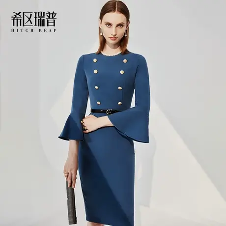 希区高端法式连衣裙女装早秋2023新款气质复古喇叭袖职业修身裙子图片