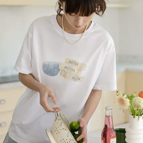 omont蛋挞家 复古实物印花凉感亲肤短袖T恤女夏新款休闲宽松上衣商品大图