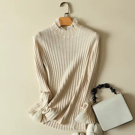 秋冬新款蕾丝拼接半高领针织衫女士洋气纯色内搭打底衫显瘦毛衣女商品大图