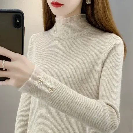 2023秋冬蕾丝袖针织衫半高领修身显瘦打底衫女装洋气内搭毛衣上衣商品大图