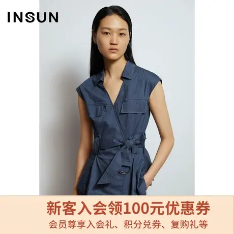 恩裳春秋季商场同款亚麻V领时尚简约都市无袖腰带衬衫上衣商品大图