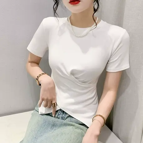 时尚开叉T恤女短袖洋气收腰显瘦小衫设计感珍珠项链上衣别致夏装商品大图
