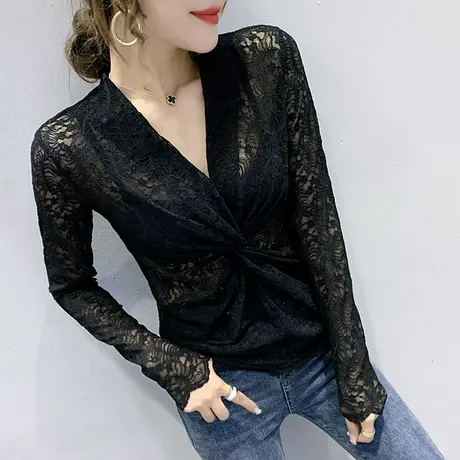 春秋性感镂空蕾丝衫女长袖时尚扭结V领洋气上衣紧身内搭打底衫潮商品大图