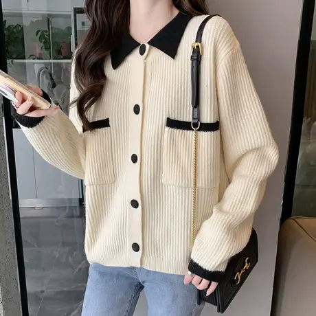 方领毛衣外套女秋装2023年新款小香风针织开衫拼色外套洋气百搭女商品大图