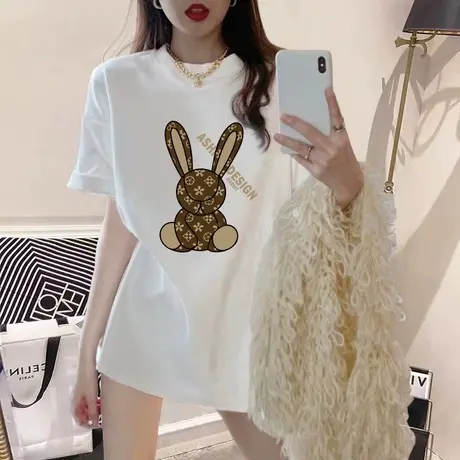 中长款短袖t恤女2023年夏季新款设计感小众港味复古宽松纯棉上衣商品大图