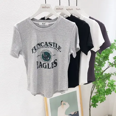 chic港风复古字母印花正肩T恤女2022夏季韩系纯欲风短款高腰上衣商品大图