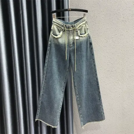 欧货撞色毛边设计感牛仔直筒裤女2023秋季新款宽松显瘦阔腿拖地裤图片