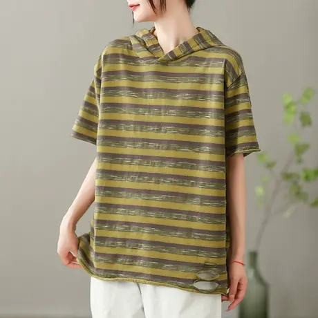 dza复古条纹连帽T恤女2023夏季薄款破洞打底体恤宽松显瘦套头上衣商品大图