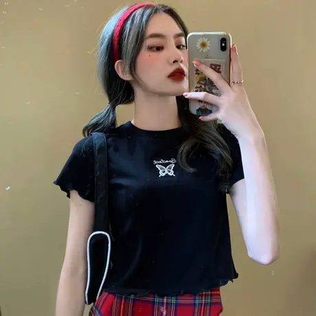 网红纯棉短袖t恤女2020宽松韩版bf慵懒风ins超火短款露脐上衣服潮图片