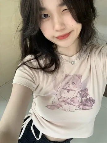 别致正肩甜辣妹猫咪短袖T恤女夏季设计感小众修身短款抽绳上衣ins商品大图