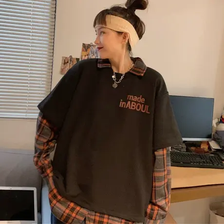 waitmore假两件卫衣女春秋薄款宽松韩版ins上衣bf慵懒风初秋外套商品大图