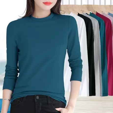 深蓝色长袖t体恤女春秋季女装半高领内搭外穿纯棉纯色修身打底衫商品大图