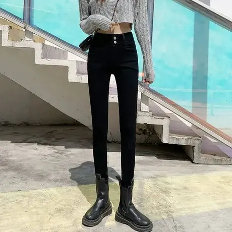 黑色牛仔裤女加绒加厚冬夏季薄款高腰弹力紧身修身小脚九分春秋季商品大图