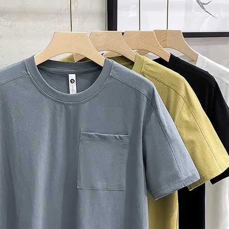 2023春夏新款短袖T恤男宽松潮流白色色上衣纯色拼接日系打底衫男商品大图