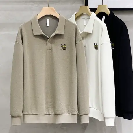 日系polo衫男长袖刺绣秋季华夫格宽松休闲翻领衬衫重磅长袖T恤潮商品大图