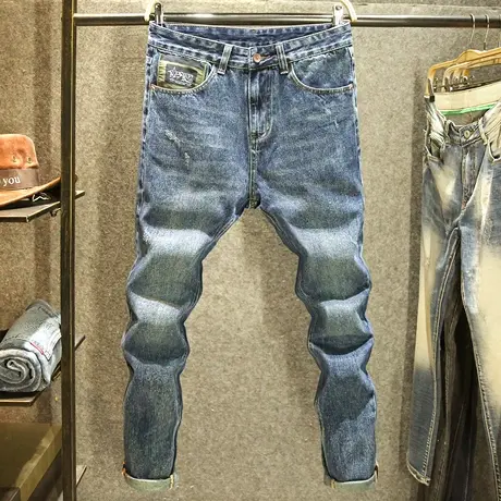 时尚潮流秋季弹力牛仔裤男款宽松微哈小脚裤高端水洗手工磨烂长裤商品大图