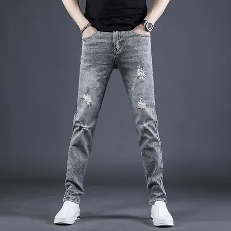 烟灰色破洞牛仔裤男夏季薄款2022年新款修身小脚男士休闲潮牌长裤商品大图