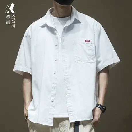希越日系潮流短袖衬衫男带口袋2023夏季新款宽松大码开衫休闲外套商品大图