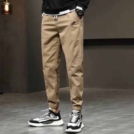 秋季男裤卡其色束脚工装裤子春秋款男士休闲长裤宽松紧纯棉秋冬季商品大图