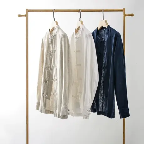 亚麻衬衫男长袖宽松休闲复古中式棉麻上衣男士立领衬衣唐装外套潮商品大图