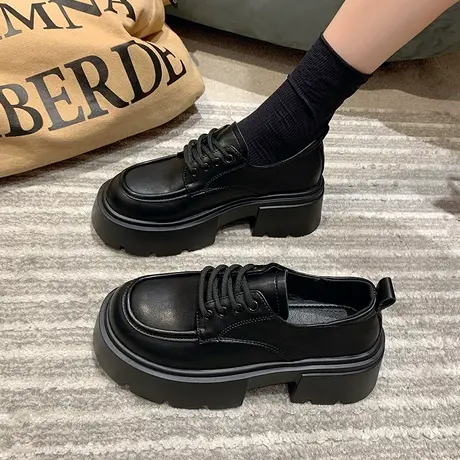 黑色百搭配裙子厚底英伦风小皮鞋女夏季2023新款圆头复古粗跟单鞋商品大图