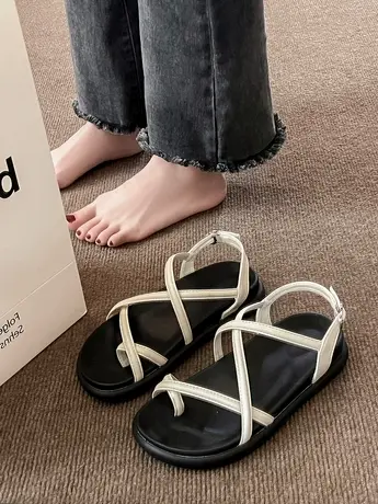 罗马凉鞋女款夏季2023年新款平底仙女风配裙子时尚夹趾黑色沙滩鞋商品大图