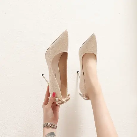 法式少女高跟鞋女细跟2023年春季新款性感尖头浅口蝴蝶结宴会单鞋图片