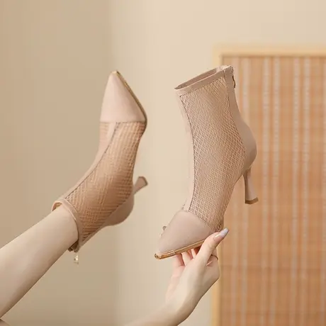 2023年新款秋季透气网纱瘦瘦靴中筒短靴性感尖头高跟鞋女细跟靴子商品大图