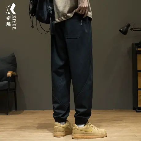 希越美式拼接运动卫裤男2024春季新款潮牌宽松大码男士束脚休闲裤图片