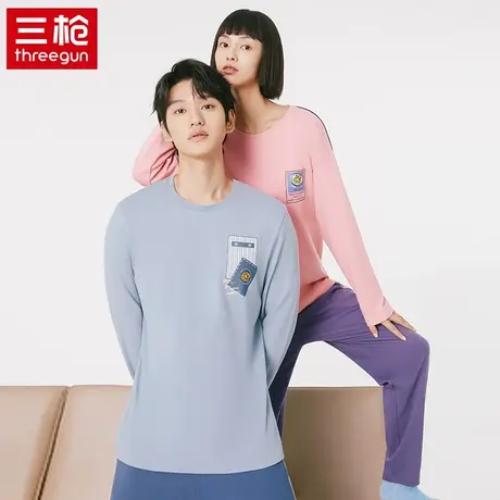 三枪情侣男女长袖长裤圆领秋天睡衣套装全棉休闲弹力家居服两件套商品大图