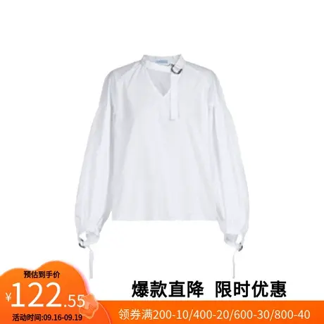 【艾格】V领系带长袖衬衫女2023春季新款拼接袖口打底上衣官网商品大图