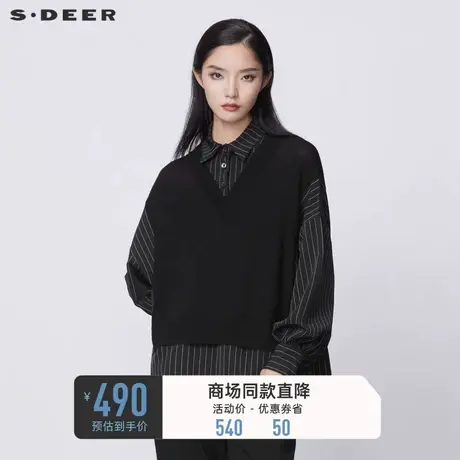 sdeer圣迪奥春秋装上衣女设计感小众假两件拼接长袖衬衫S21380504商品大图