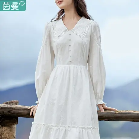 茵曼法式休闲长袖连衣裙女2023年秋季新款V领收腰纯棉白色长裙子图片