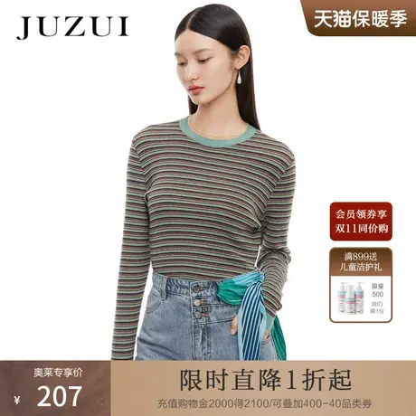 JZ玖姿休闲圆领撞色条纹毛衣春秋新款女修身打底时尚女针织衫图片
