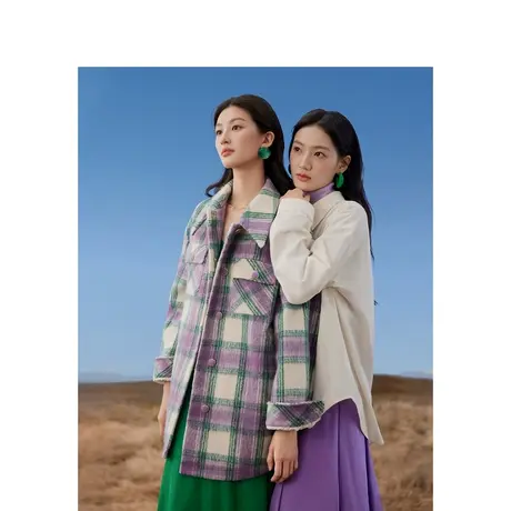 茵曼x米雷联名系列仿呢外套2023秋女装新款经典撞色格纹宽松上衣图片