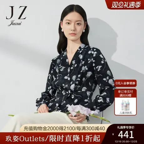 JZ玖姿度假风气质V领雪纺衫女装2023春季新款花卉印花上衣黑色商品大图