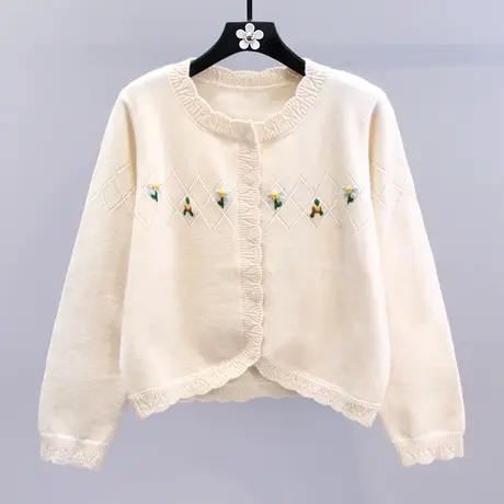 小清新刺绣勾花毛衣外套女秋冬2023新款日系甜美宽松减龄针织开衫商品大图