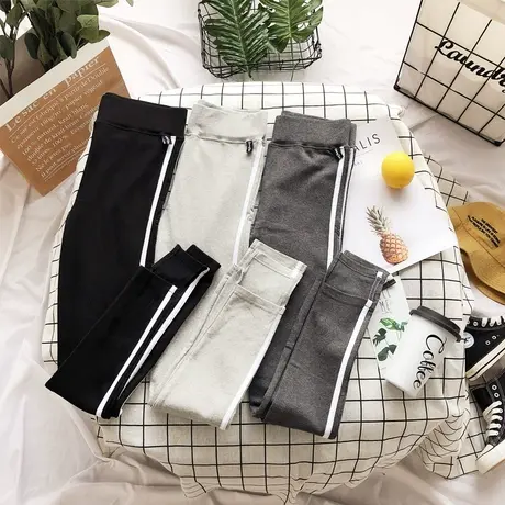 2020秋款韩国东大门磨毛加厚高腰打底裤三道杠运动九分打底裤大码图片