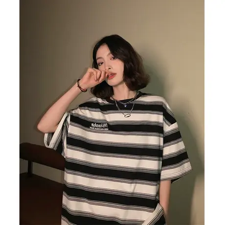 美式复古oversize潮牌条纹短袖t恤女夏宽松ins设计感小众半袖上衣商品大图