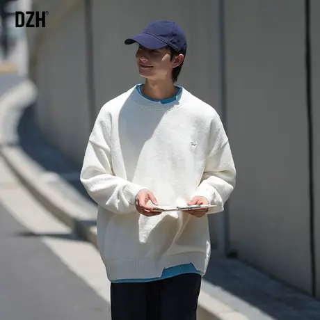 男士白色假两件毛衣男秋冬季2023新款圆领针织衫外套慵懒风毛线衣商品大图