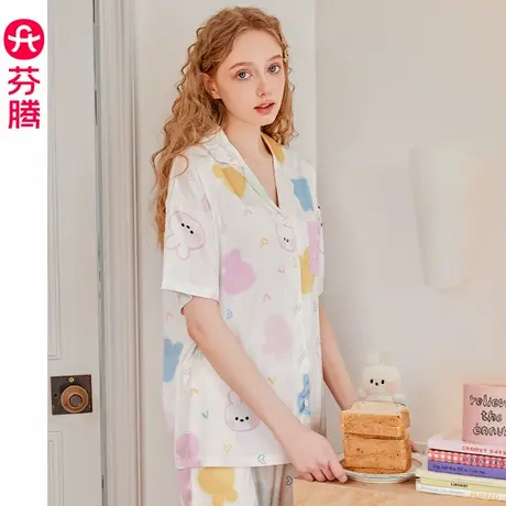 芬腾布朗熊睡衣夏季女士冰雪丝短袖套装卡通可爱少女仿真丝家居服商品大图