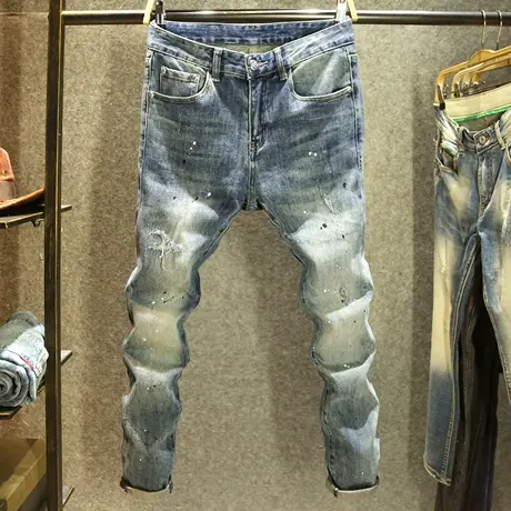 2023秋冬新款牛仔裤男款潮牌复古做旧长裤高街泼墨油漆修身小脚裤商品大图