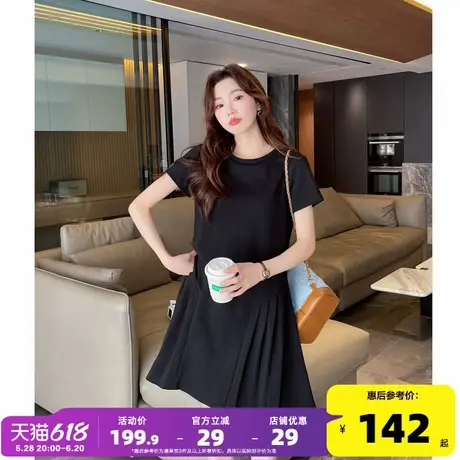 唐狮黑色宽松休闲百褶连衣裙女2024新款夏季圆领T恤裙显瘦女装t1图片