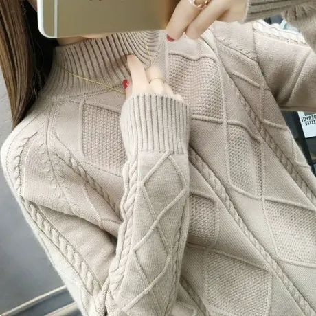 高领毛衣女宽松外穿套头秋冬新款韩版菱形内搭洋气针织打底衫上衣商品大图