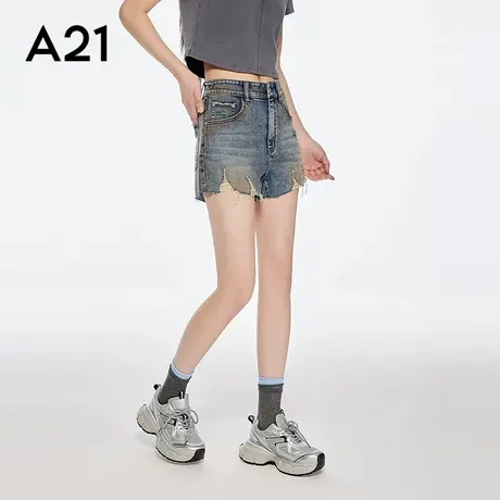 A21女装水洗做旧破洞毛边牛仔裤2025夏季新款简约百搭宽松阔腿裤图片