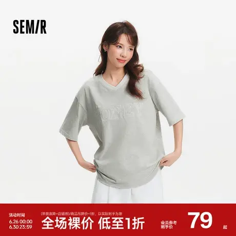 森马短袖T恤女中长款V领蕾丝绣花2025夏新款oversize纯棉上衣气质商品大图