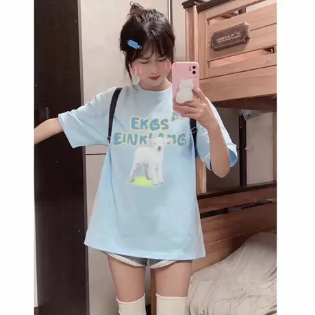 纯棉150小个子宽松短袖上衣t恤女baby蓝甜美矮胖印花宽松设计感潮商品大图
