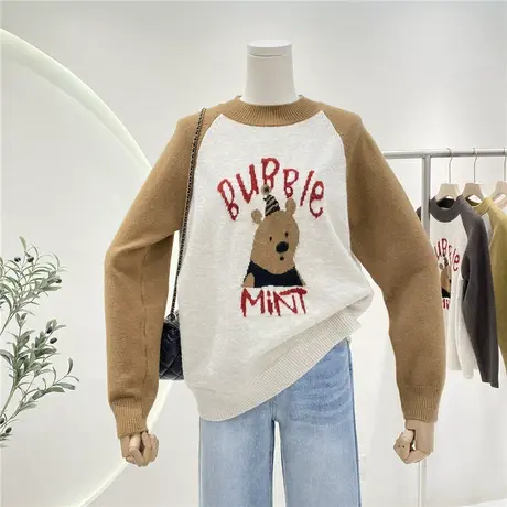 卡通圆领毛衣女2022秋冬小熊印花宽松显瘦插肩袖拼色针织衫上衣商品大图