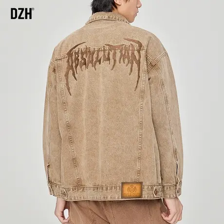 男士美式复古外套潮牌男春秋款牛仔衣重工刺绣上衣春装夹克卡其色商品大图